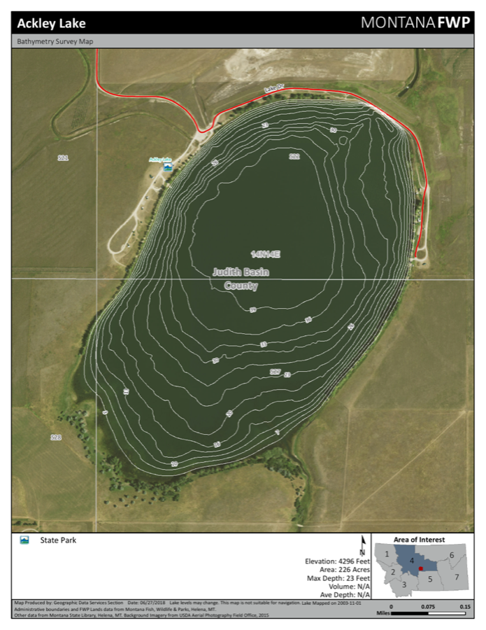 Ackley Lake depth chart (bathymetric map)