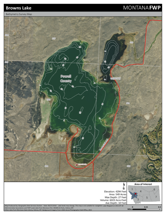Browns Lake depth chart (bathymetric map)
