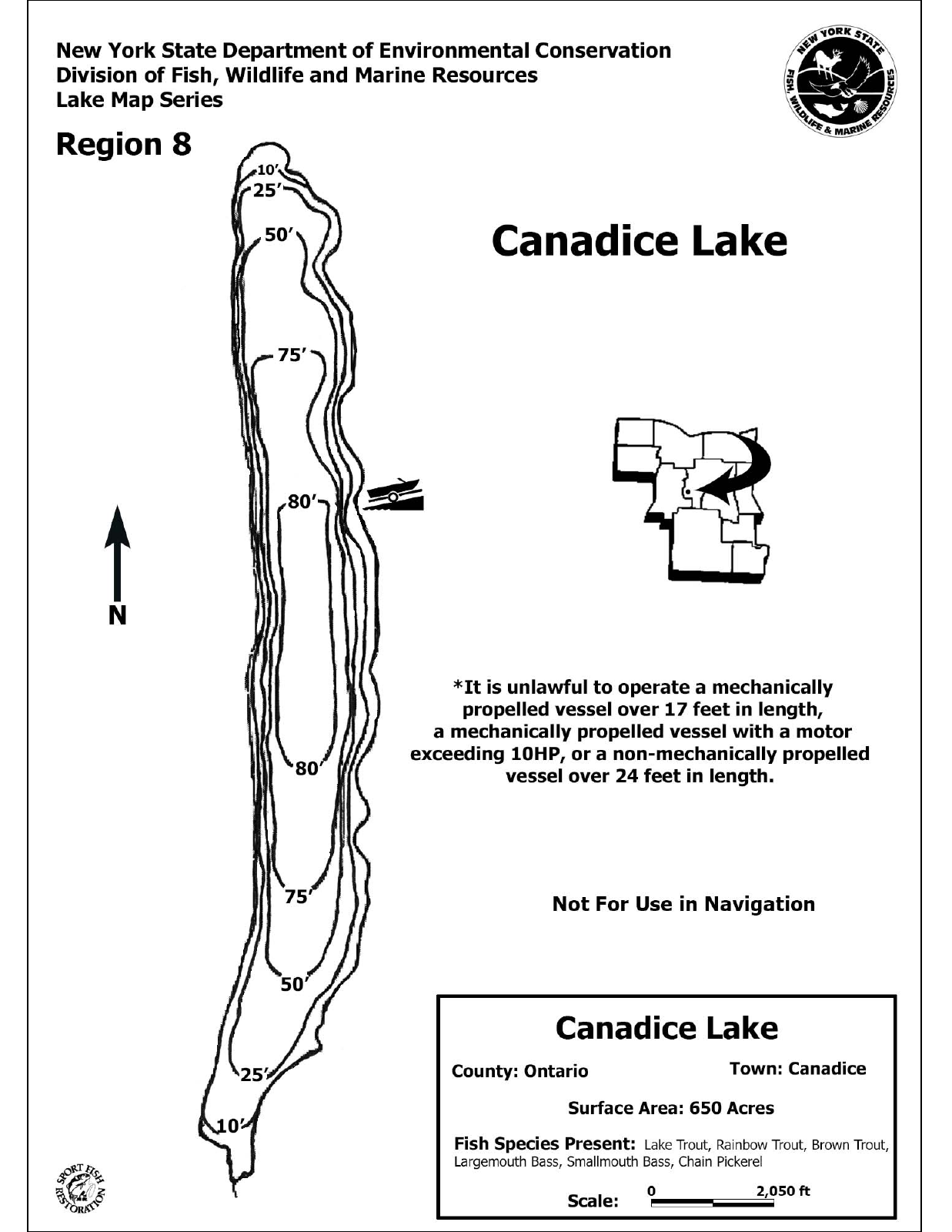 Canadice Lake depth chart (bathymetric map)