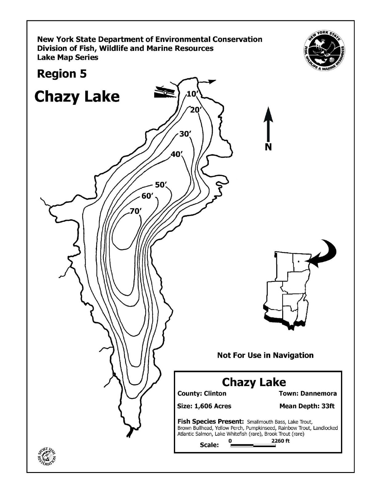 Chazy Lake depth chart (bathymetric map)