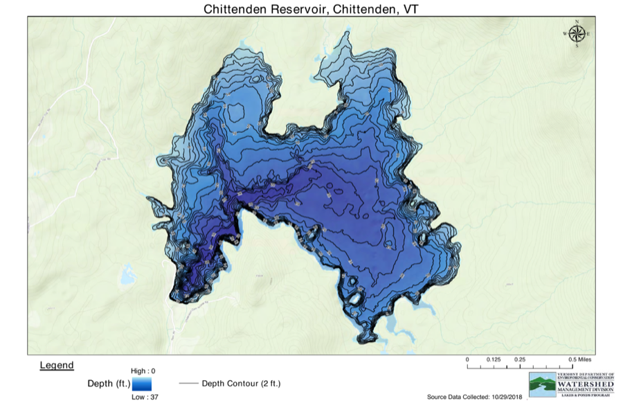 Chittenden Reservoir depth chart (bathymetric map)