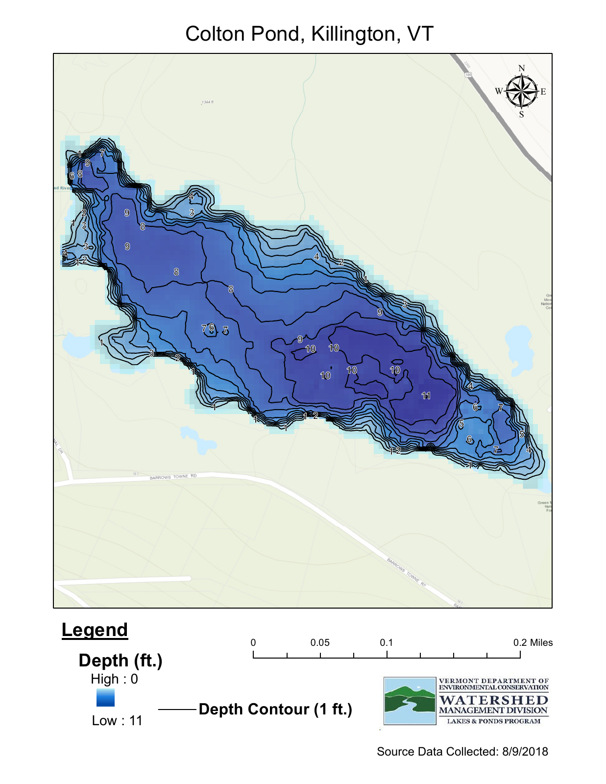 Colton Pond depth chart (bathymetric map)