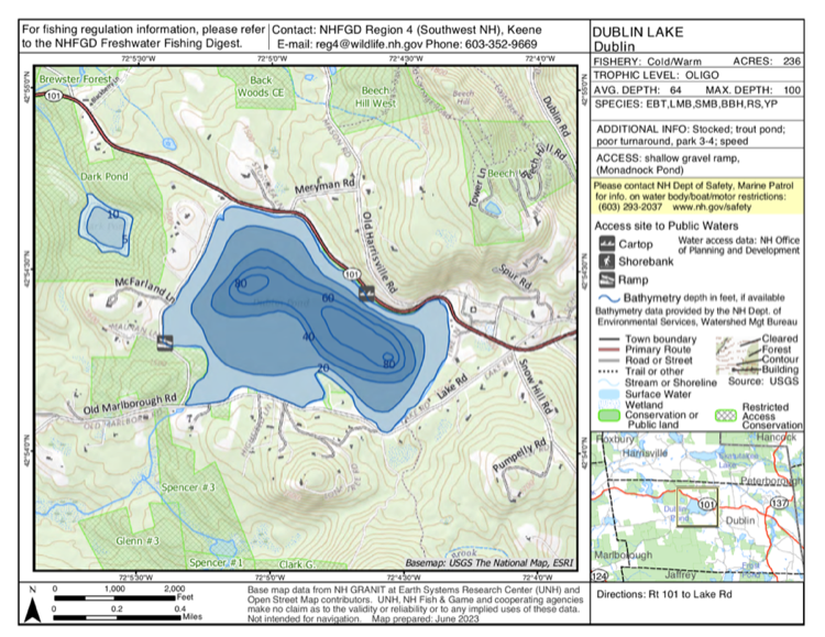 Dublin Lake depth chart (bathymetric map)