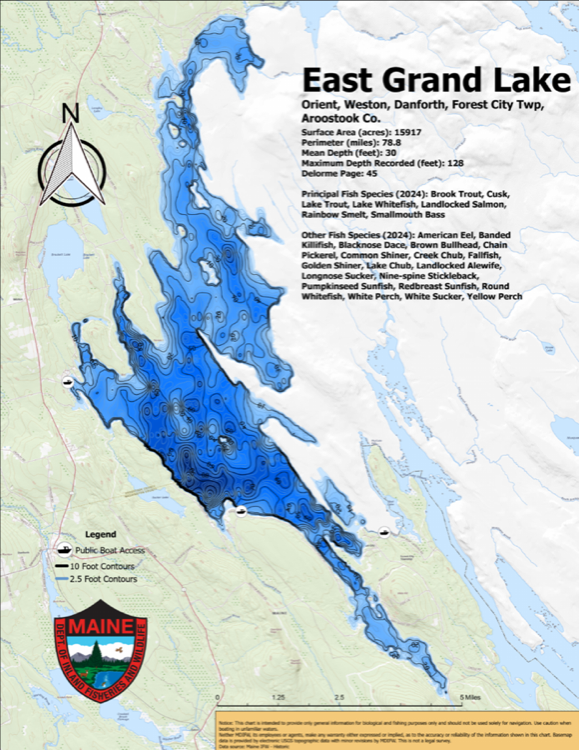 East Grand Lake depth chart (bathymetric map)