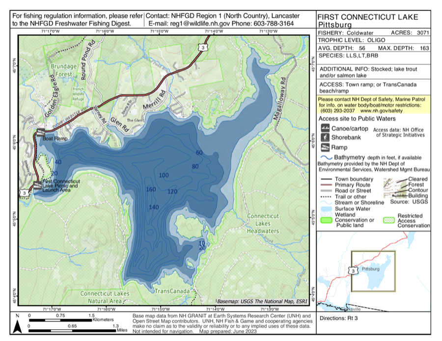 First Connecticut Lake depth chart (bathymetric map)