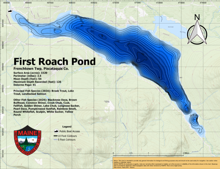 First Roach Pond depth chart (bathymetric map)