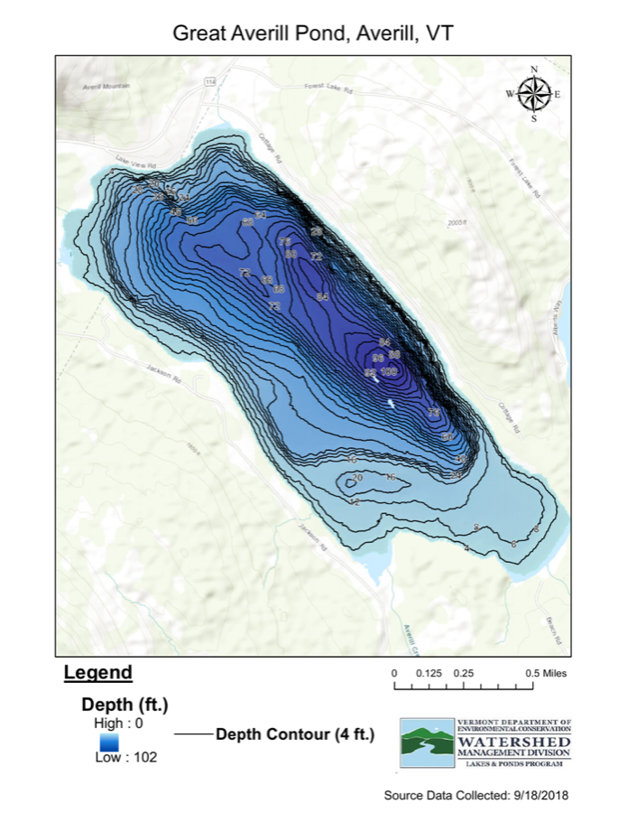 Great Averill Lake depth chart (bathymetric map)