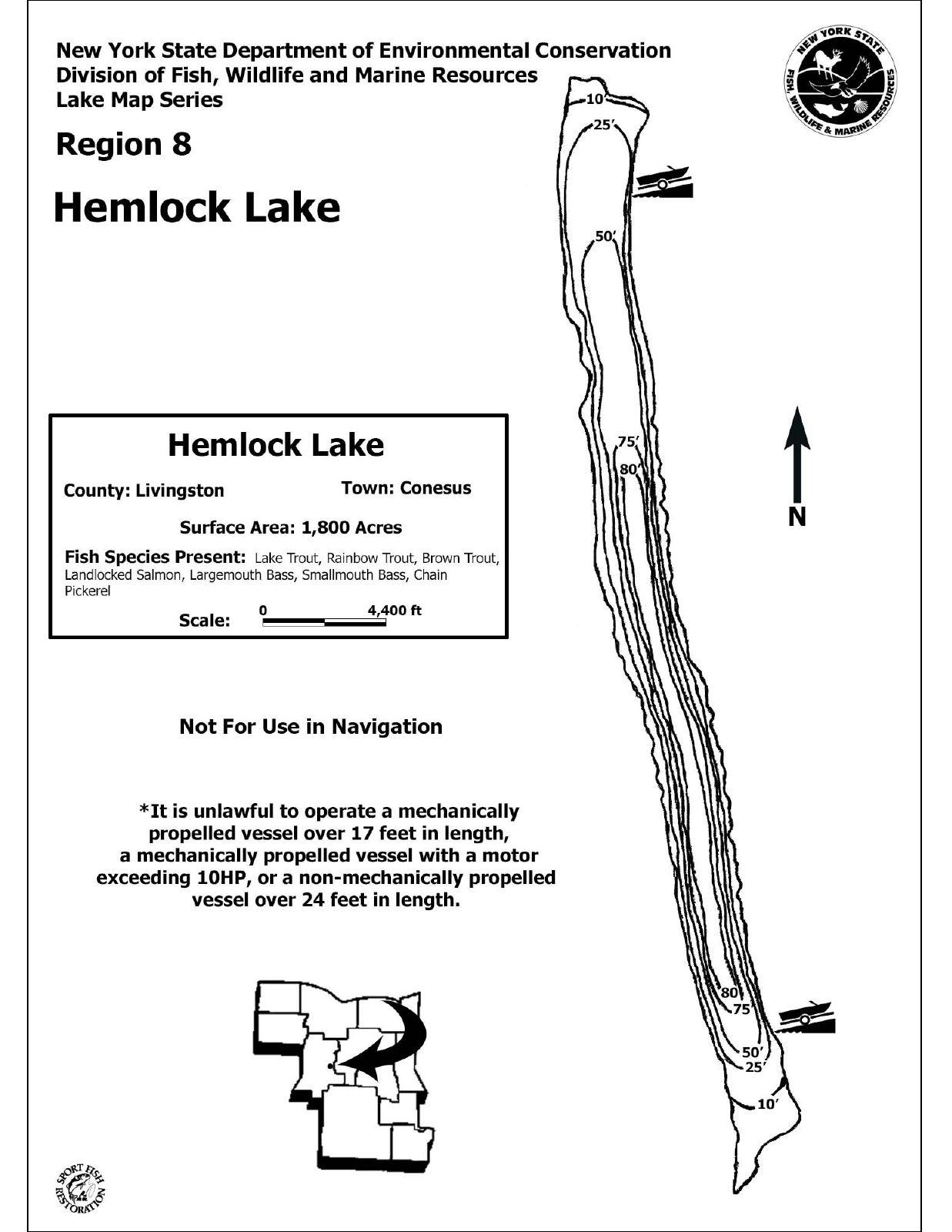 Hemlock Lake depth chart (bathymetric map)