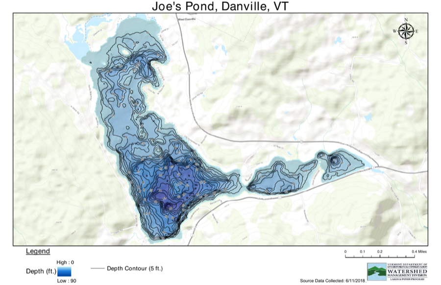Joe's Pond depth chart (bathymetric map)