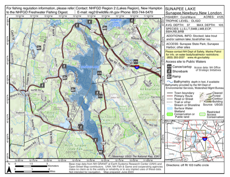 Lake Sunapee depth chart (bathymetric map)
