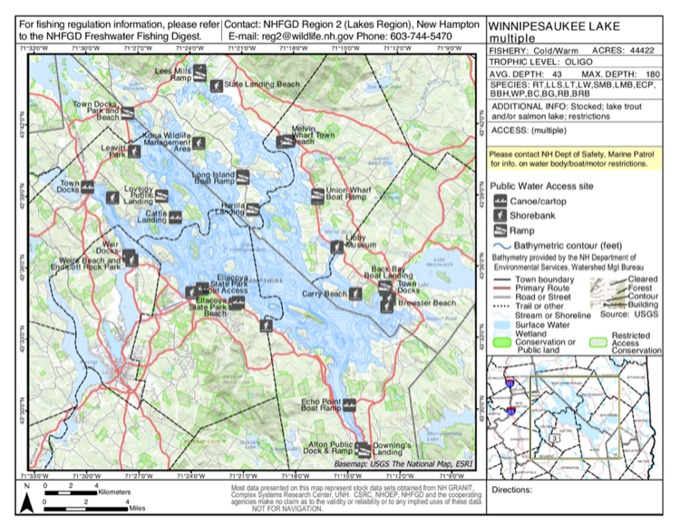 Lake Winnipesaukee depth chart (bathymetric map)