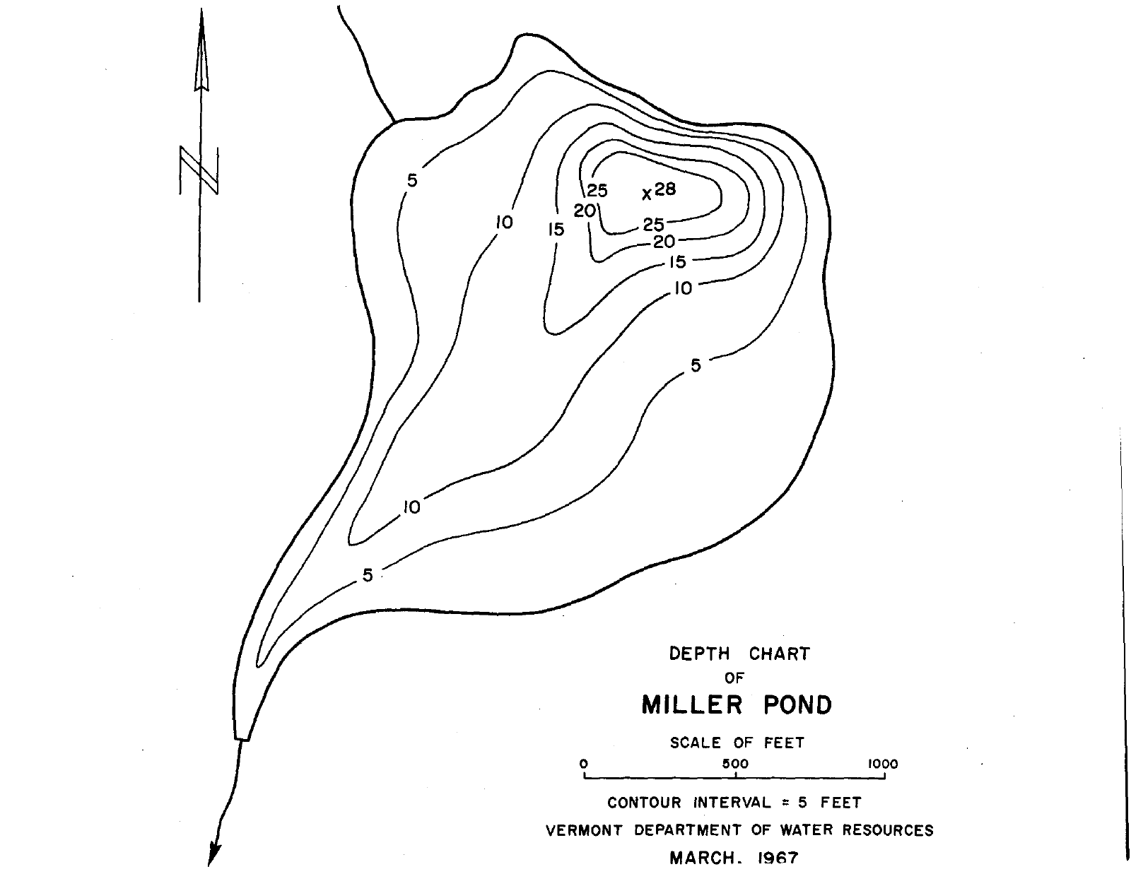 Miller Pond depth chart (bathymetric map)