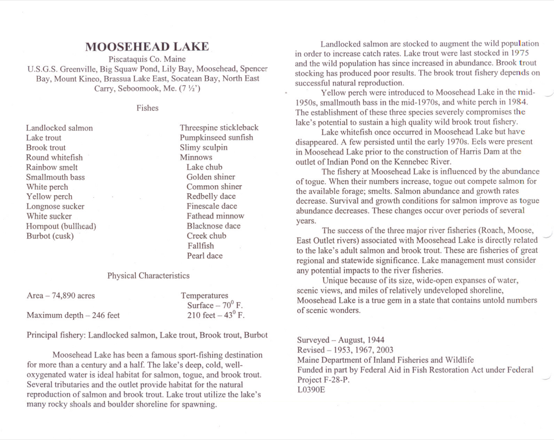 Moosehead Lake depth chart (bathymetric map)