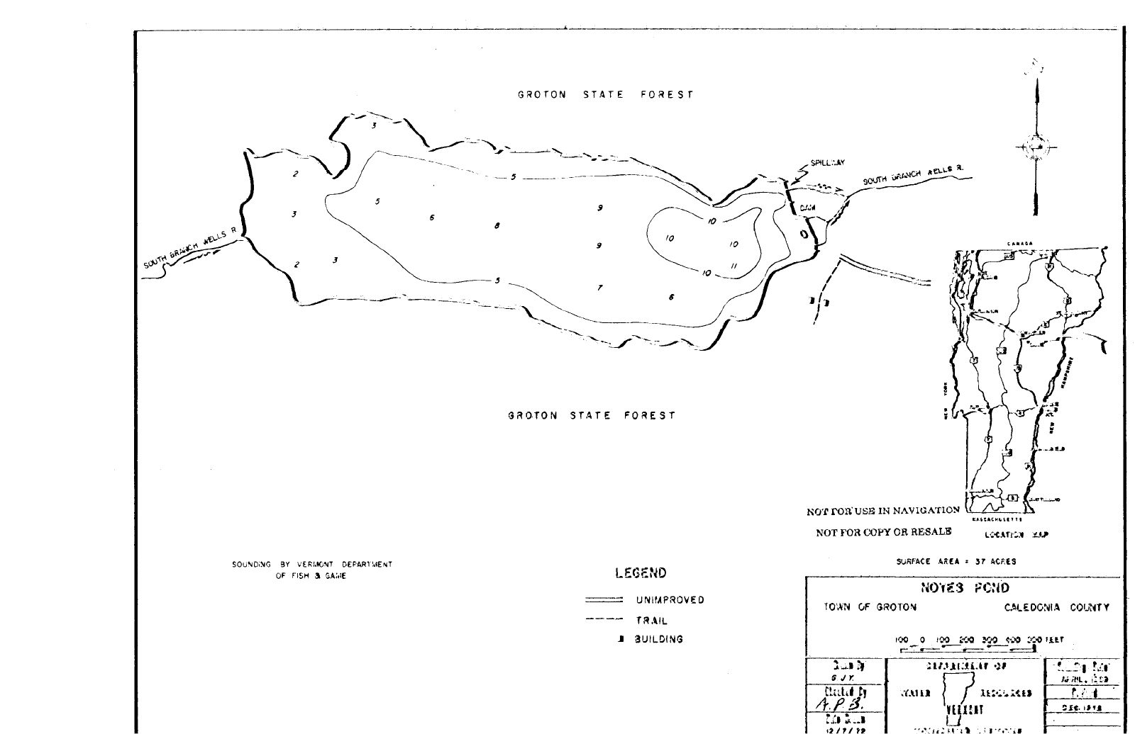 Noyes Pond (Seyon Pond) depth chart (bathymetric map)