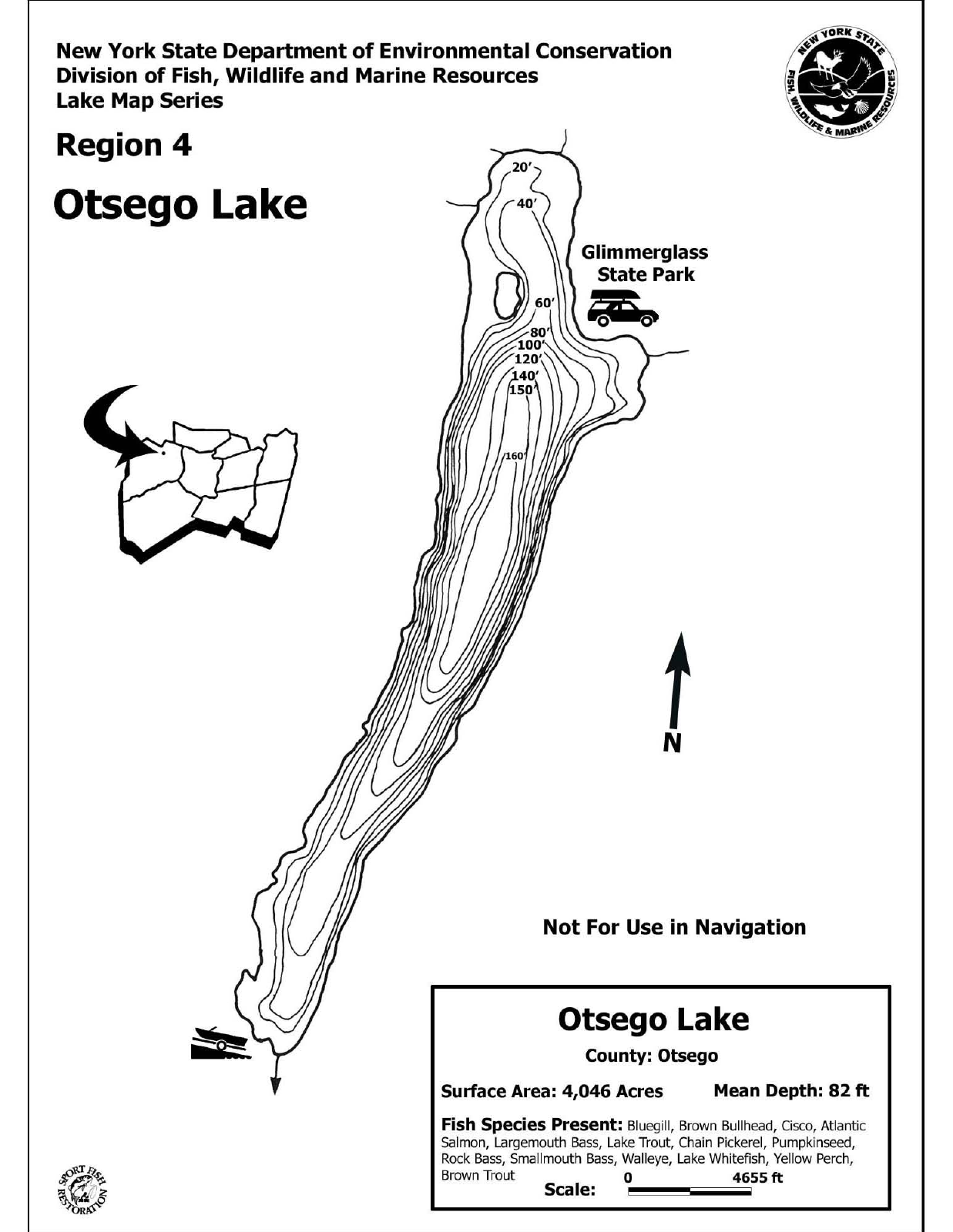 Otsego Lake depth chart (bathymetric map)