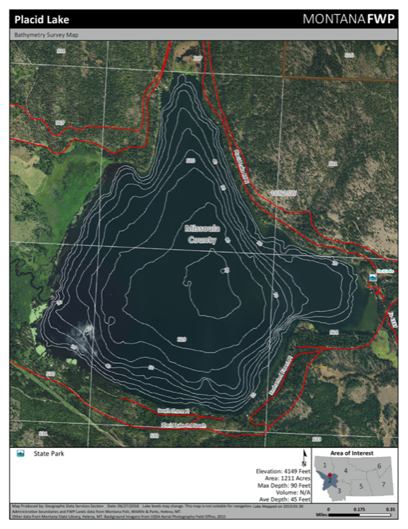 Placid Lake depth chart (bathymetric map)