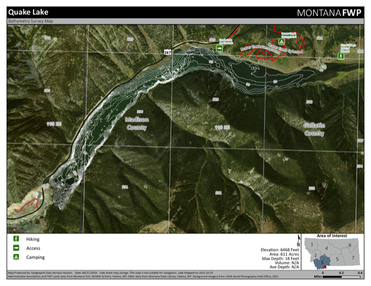 Quake Lake depth chart (bathymetric map)