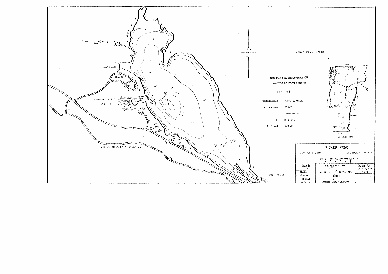 Ricker Pond depth chart (bathymetric map)