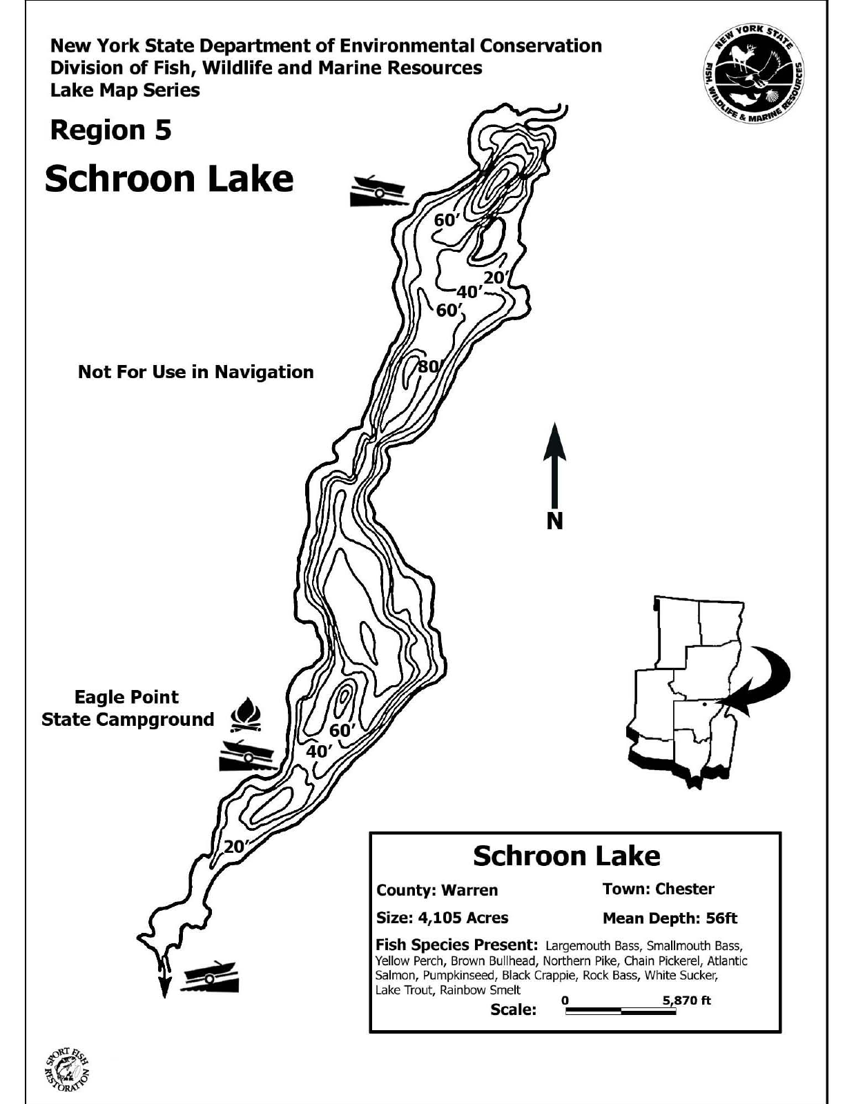 Schroon Lake depth chart (bathymetric map)