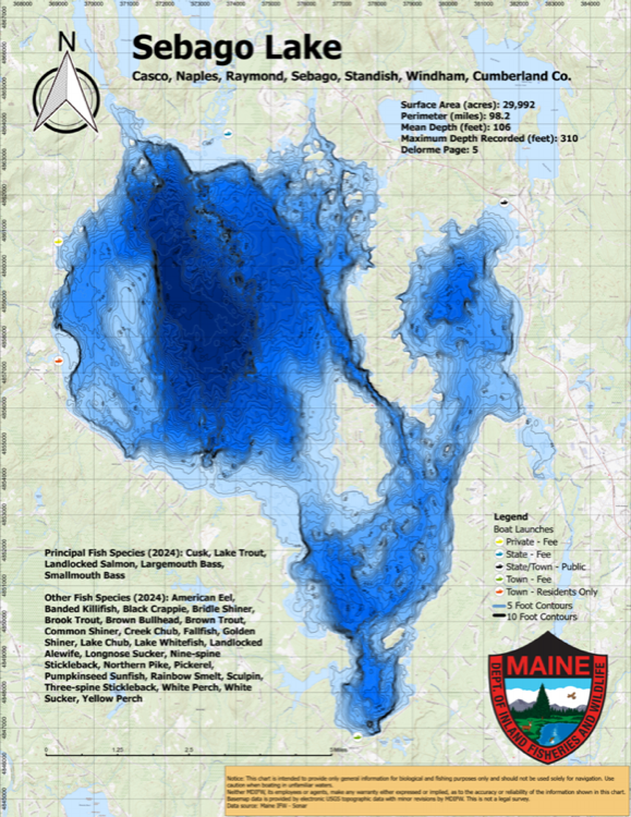 Sebago Lake depth chart (bathymetric map)