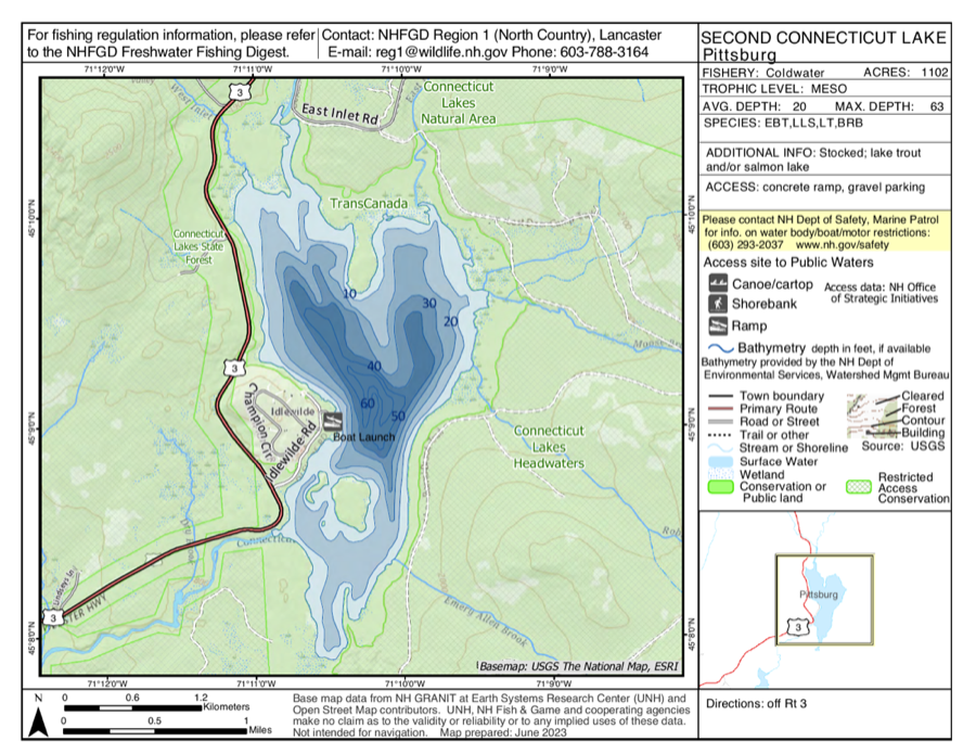 Second Connecticut Lake depth chart (bathymetric map)