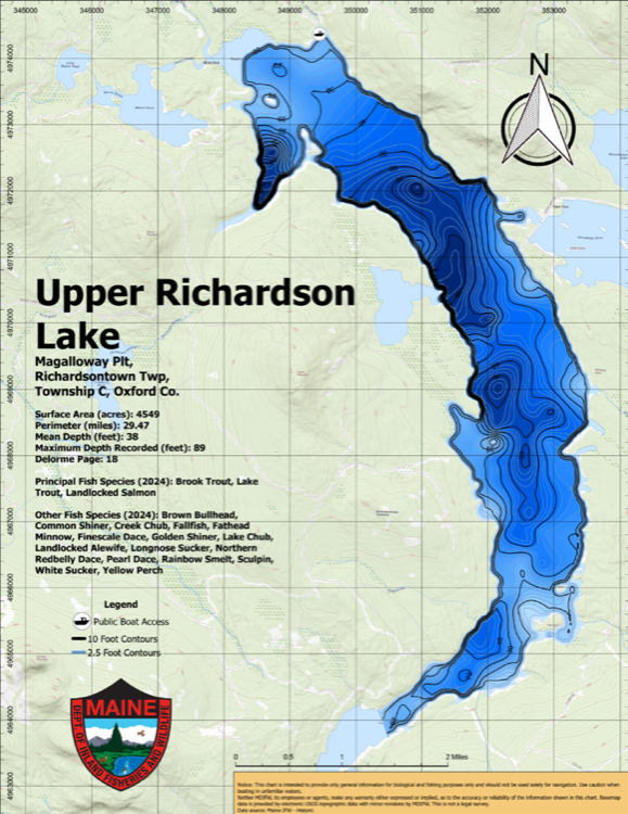 Upper Richardson Lake depth chart (bathymetric map)