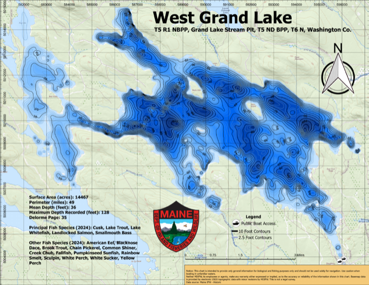 West Grand Lake depth chart (bathymetric map)